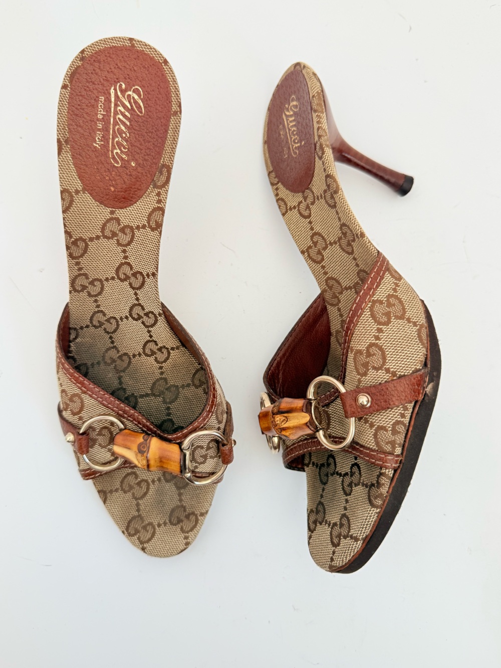 Vintage Gucci Tom Ford GG Canvas Bamboo Horsebit Kitten Heel Mules 7.5B